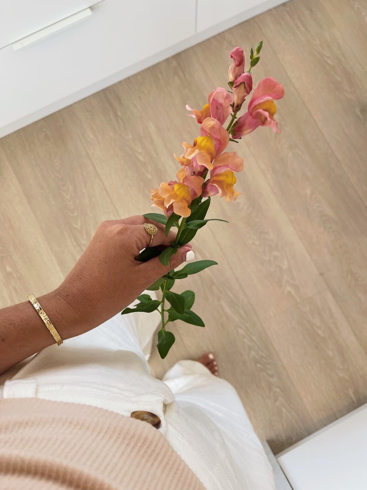 Holding a stem of pink snapdragons